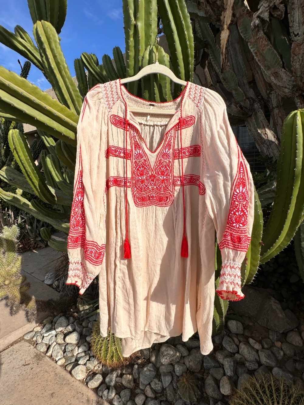 Free People Wind Willow Embroidered Tunic Mini Dress Cream Red Tassel Small